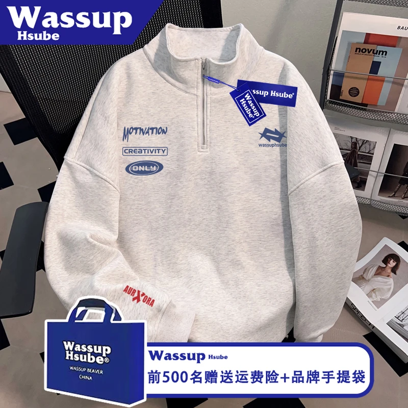 WASSUP HSUBE秋季男女同款舒适上衣流行赛车风字母印花半拉链卫衣