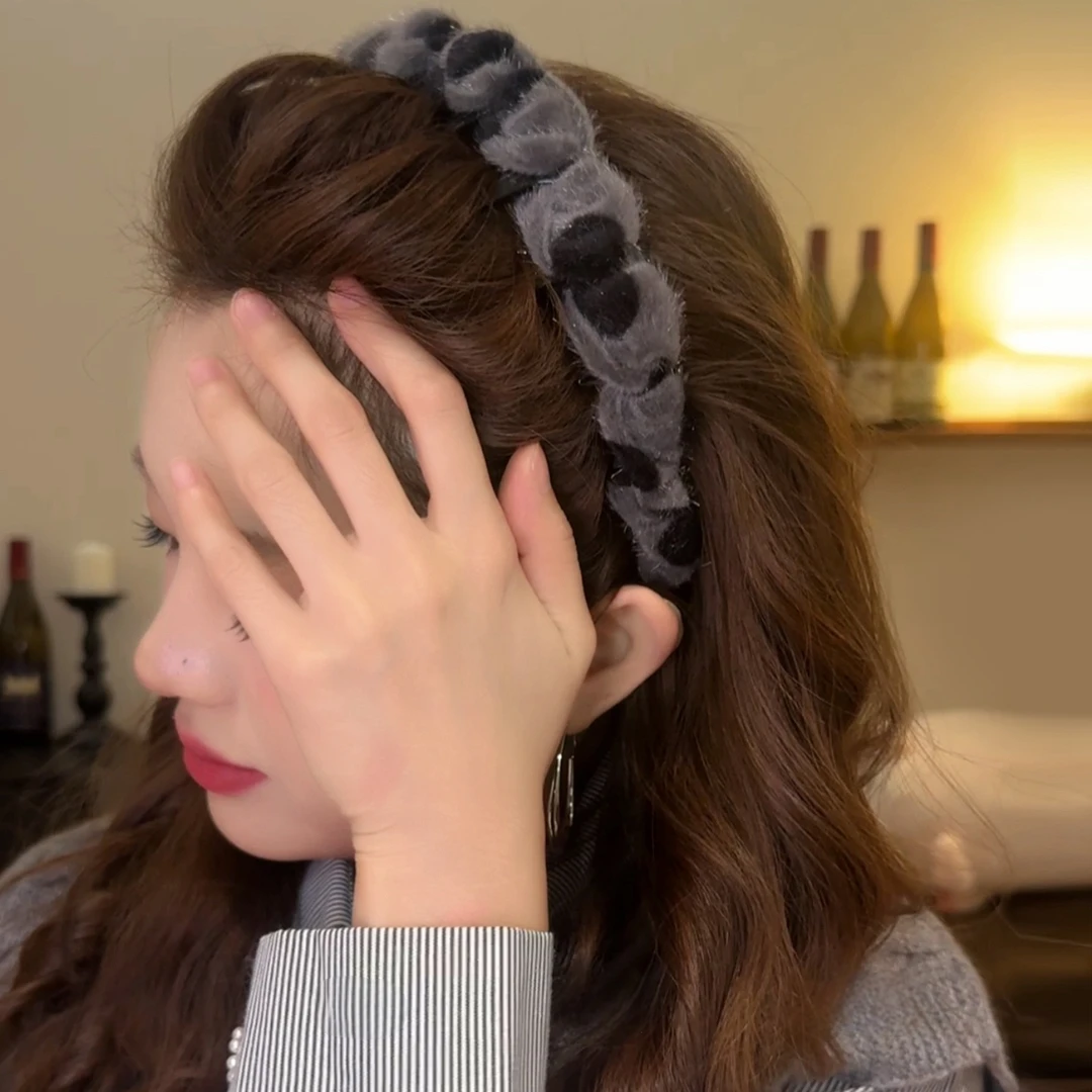 咖色流光～早秋毛绒小斑点加厚高颅顶齿梳氛围感麻花发箍