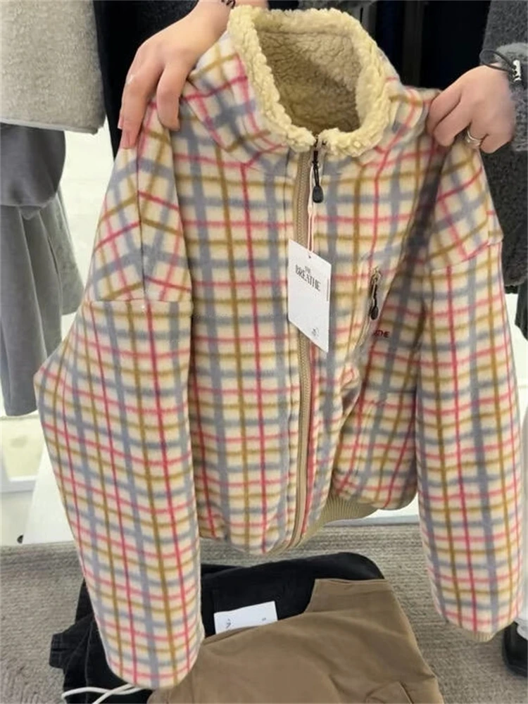 2025秋冬新款韩系复古ins极简高级感立领格纹厚款保暖气质外套女