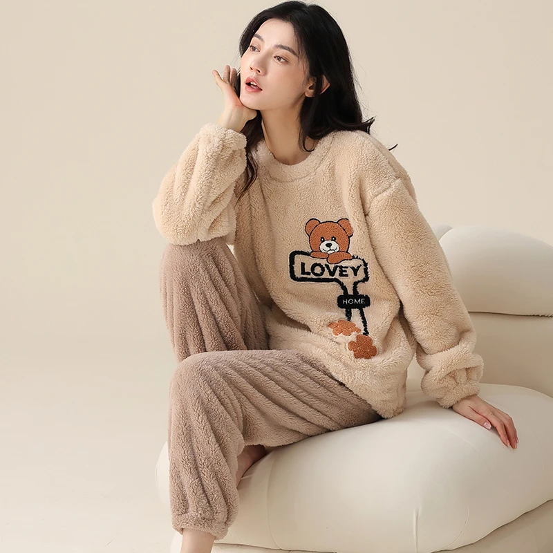 浪莎冬季女士家居服套装秋冬季长毛绒睡衣甜美加大码冬款加绒加厚