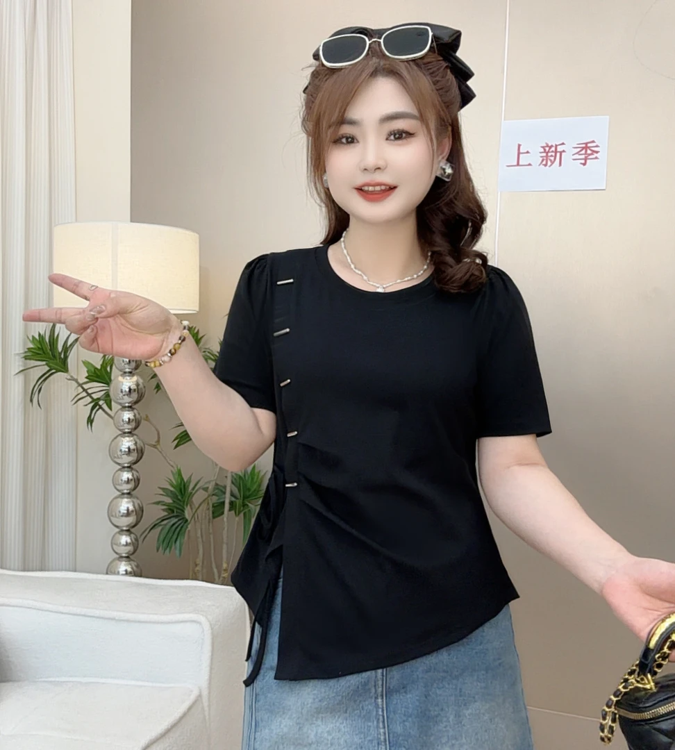 胖mm夏季宽松圆领洋气不规则下摆开叉系带显瘦2025夏季大码女短袖