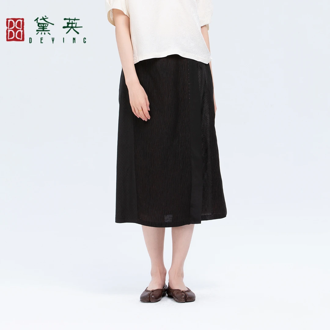 DEYING/黛英真丝直筒裙复古港风半身裙中长款拼接国风复古QAO2253