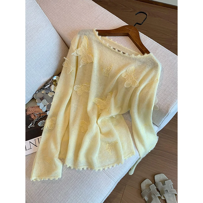 黄色立体蝴蝶刺绣毛衣女秋季新款慵懒风软糯气质温柔针织上衣