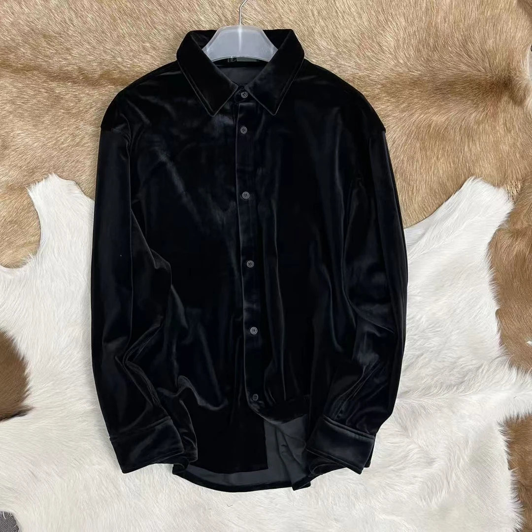 西班牙剪标 贵气奢华丝绒面料 男士秋季垂感宽松休闲衬衫 大码