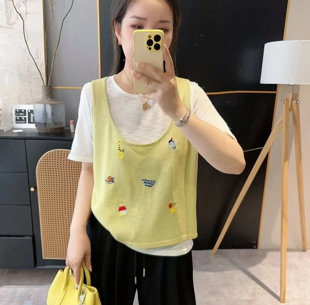 【欧加粒粒】减龄刺绣背心假两件圆领显瘦针织T2025夏 S25050806