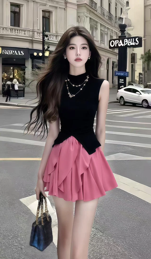 轻奢贵气时尚黑色修身圆领无袖不规则上衣+粉色百褶半身裙两件套