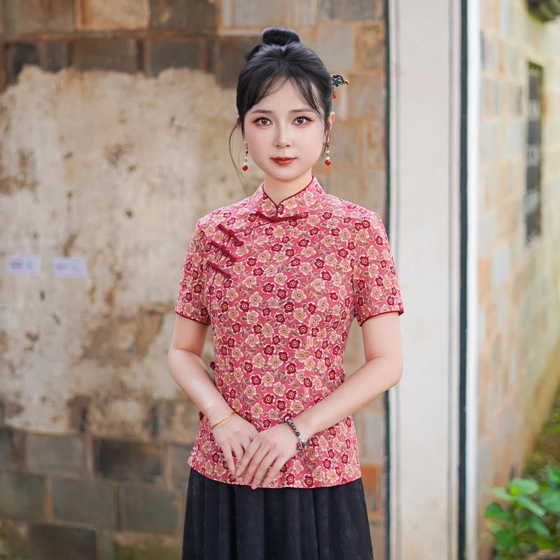 筠雅夏季新款中式立领改良唐装上衣复古气质国风斜襟短袖女25J155