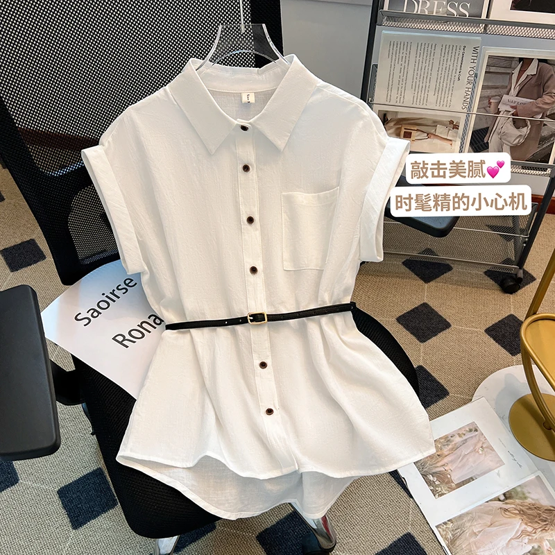 韩系polo领小衫女夏款chic上衣白色小香风无袖衬衫遮肚子修身显瘦