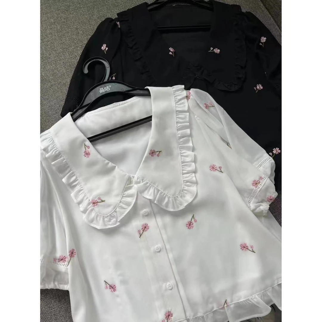 晶咕【微醺花园】夏季小花刺绣娃娃领短袖衬衫少女小众设计感