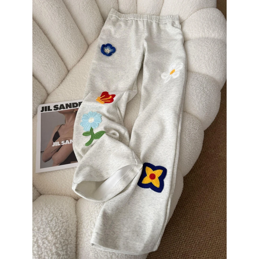 花灰色花卉刺绣弯刀卫裤西海岸美式裤子高街vibe慵懒风直筒休闲裤