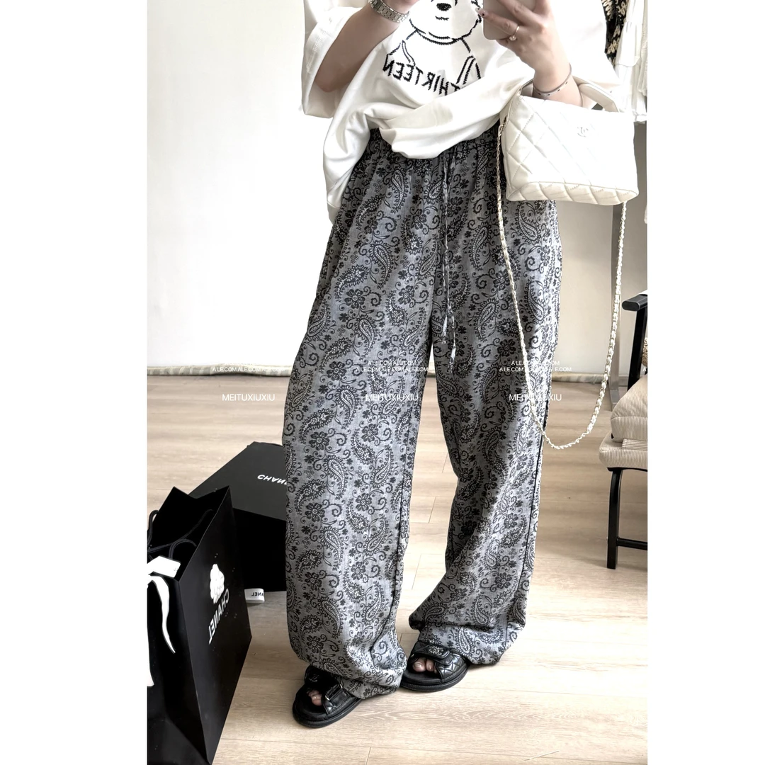 【阿乐家】大码微胖“夏威夷风情”复古腰果花提花设计高腰阔腿休闲裤