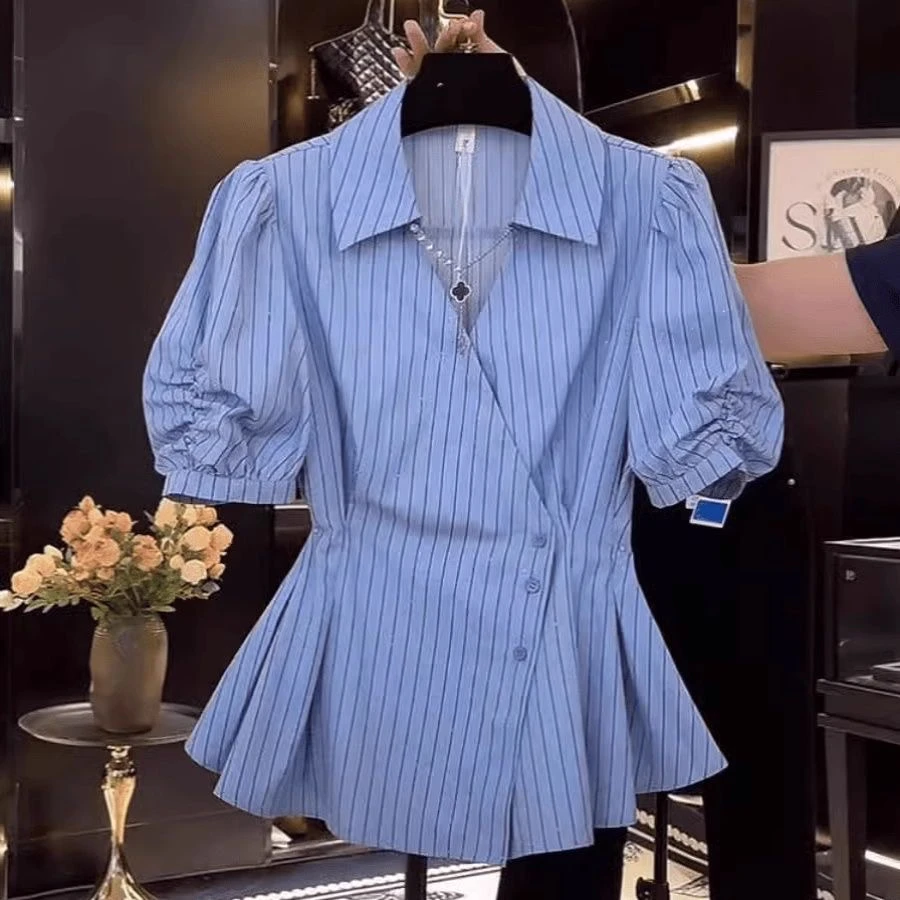 设计感简约时尚短袖衬衫女夏季大码收腰显瘦衬衣洋气减龄上衣8815