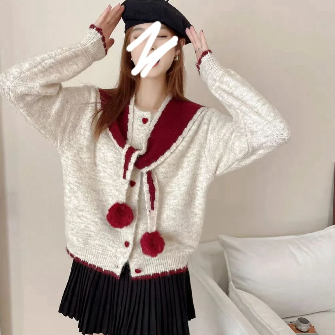 女毛针织衫女款韩系混纺毛衣外套开衫时尚撞色日系