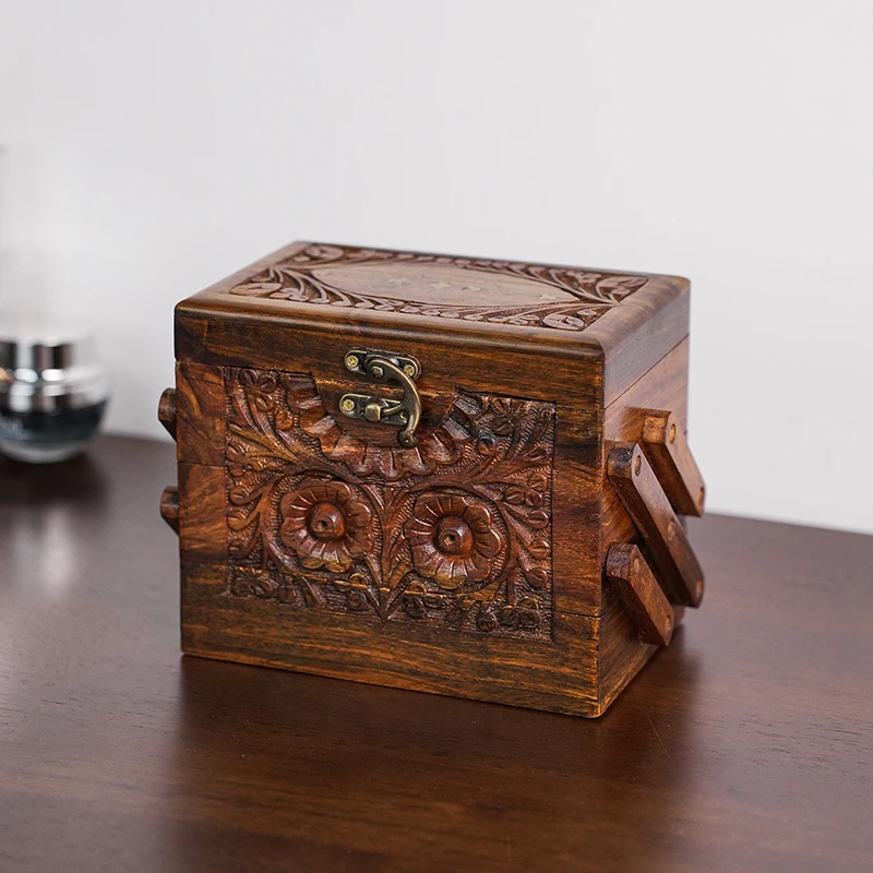 华仔亲荐巴基斯坦手工檀木铜丝镶嵌手工三折叠首饰盒复古摆件