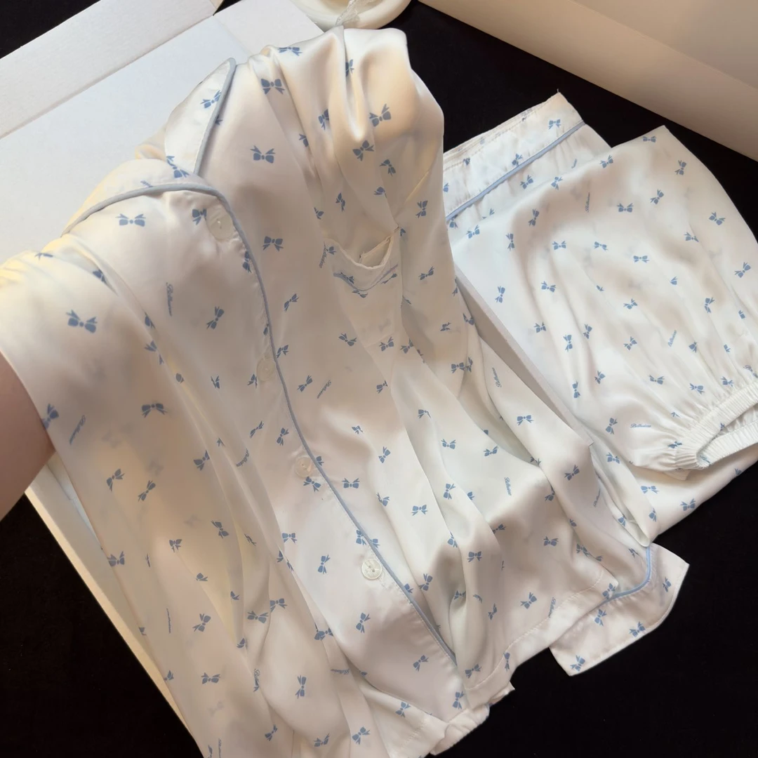 高级感冰丝睡衣女春秋季长袖长裤甜美可爱蝴蝶结可外穿家居服套装