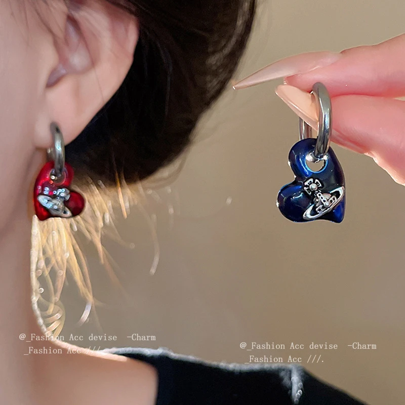 合金无非金属耳饰 滴釉爱心土星不对称耳扣复古高级感时尚耳环
