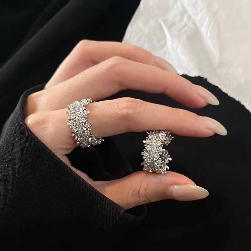 合金戒指 轻奢满天星可调节银色戒指新款小众设计感精致食指戒环