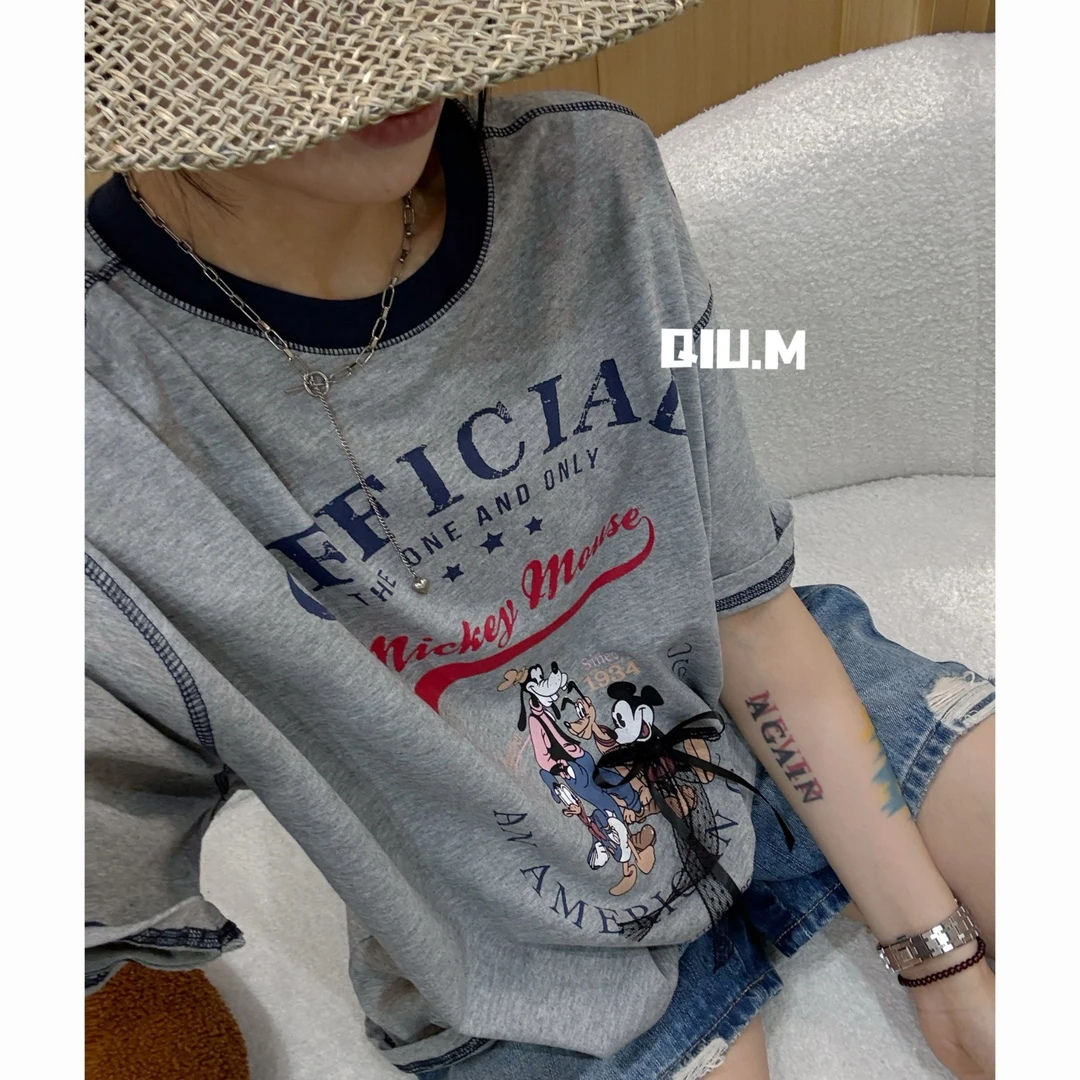 【QM】T减龄款卡通米奇蝴蝶结宽松休闲时尚少年感青春短袖领口拼色
