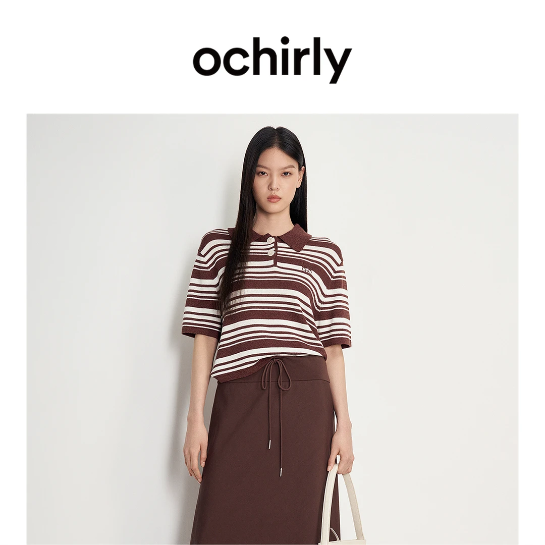 刺绣Polo短袖针织衫女 ochirly欧时力新款夏装短款休闲撞色