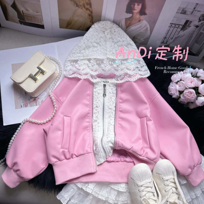 〖ANDI〗订制春季新款女童帽子拼接花边假两件皮衣外套3550