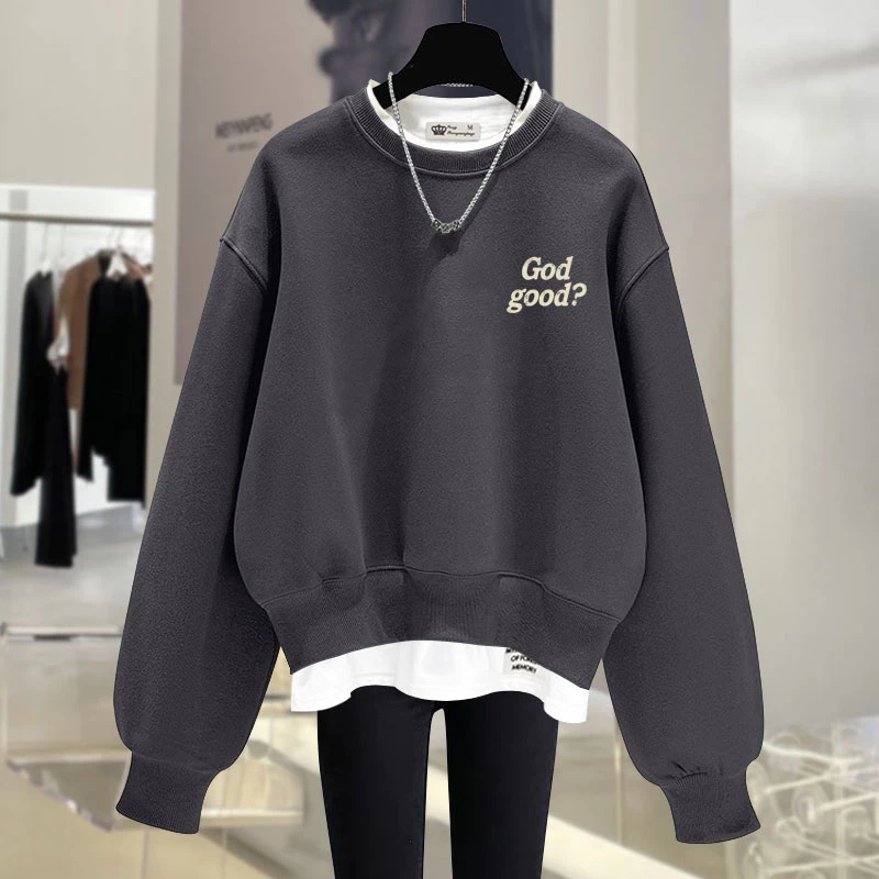 小个子爆款高级感灰色假两件卫衣女2025新款小字母简约风宽松上衣