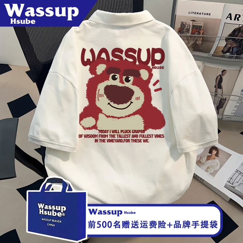 WASSUP HSUBE草莓熊印花T恤ins百搭白色男女款上衣夏季纯棉POLO衫