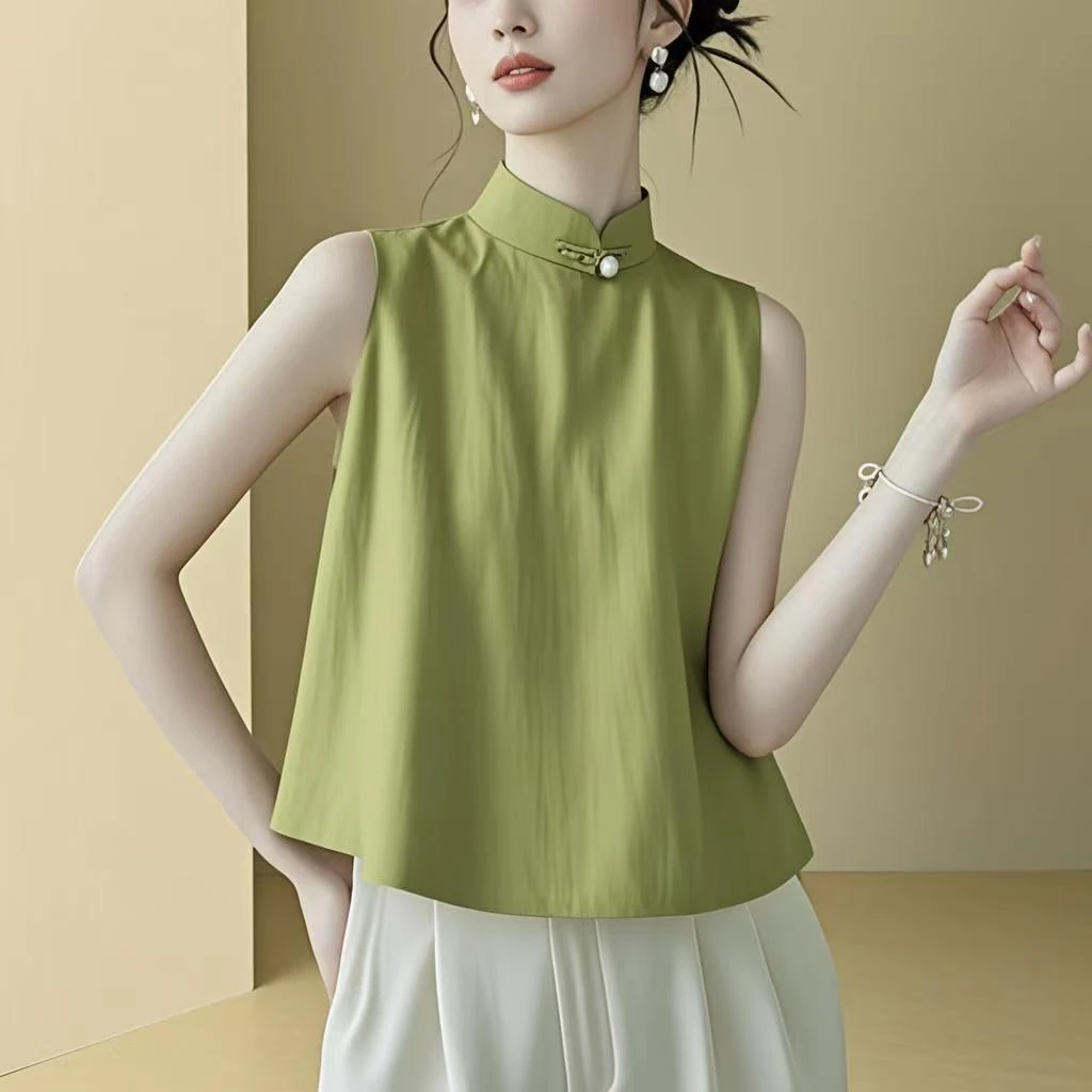新中式无袖上衣小衫外穿女装衬衣爆款2025新款短袖夏宽松马甲衬衫