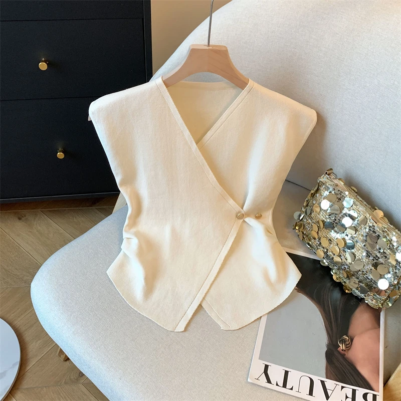 专柜撤回剪标法式不规则交叉针织衫女夏季新款辣妹掐腰飞飞袖上衣