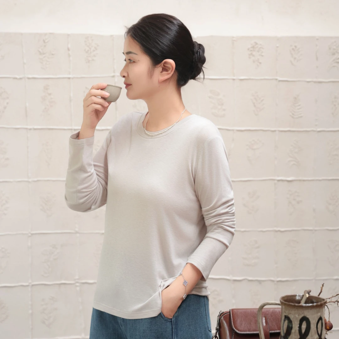 麻享【雾霭虚境】醋酸莱赛尔亚麻宽松纯色极简风长袖T恤FSY50879
