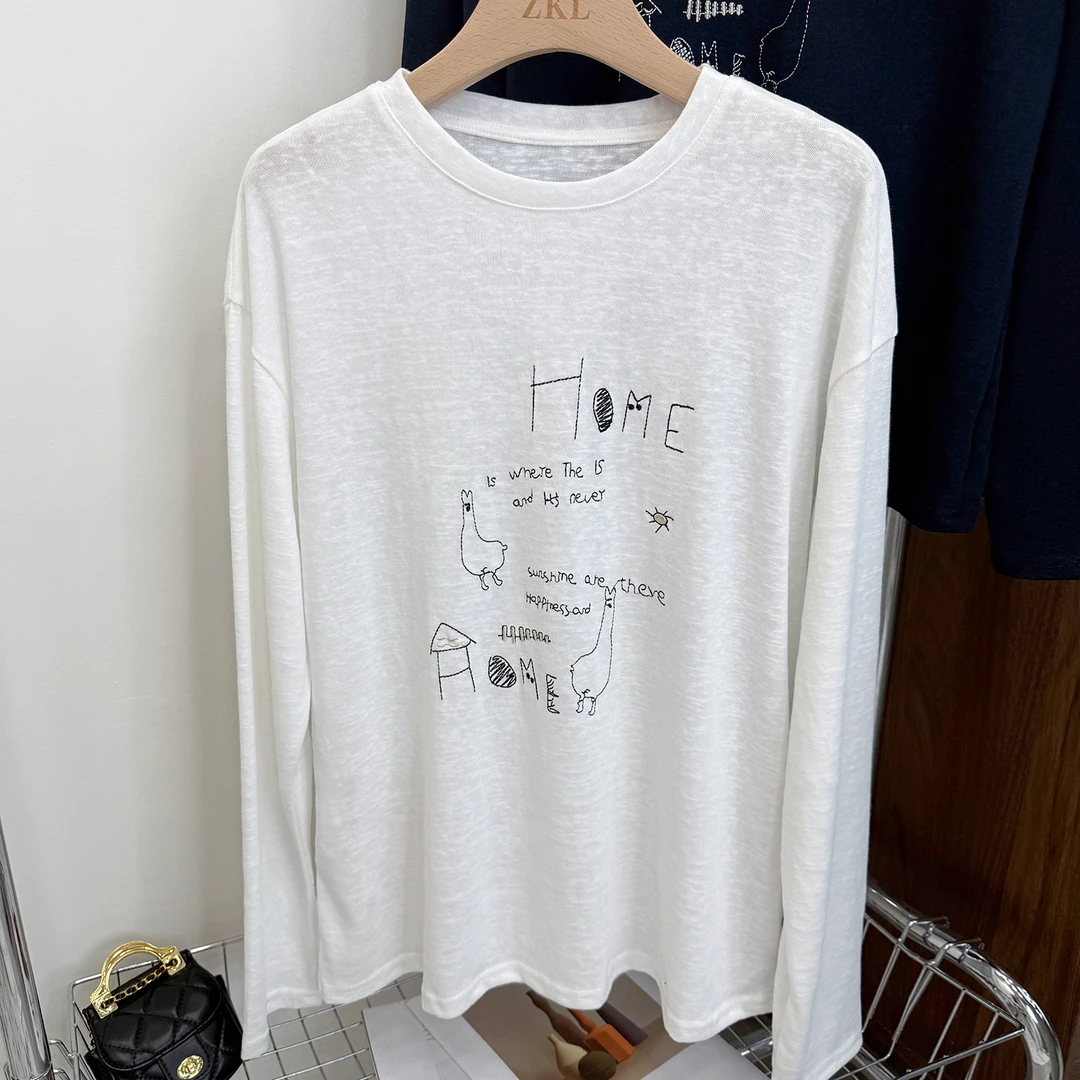 2025秋冬麻感棉潮流印花长袖t恤女设计感圆领宽松遮肉百搭打底衫