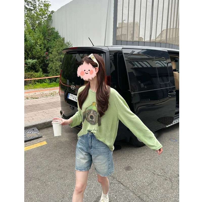 星冰乐~新款小狗长袖薄款T恤夏季简约基础百搭圆领上衣女
