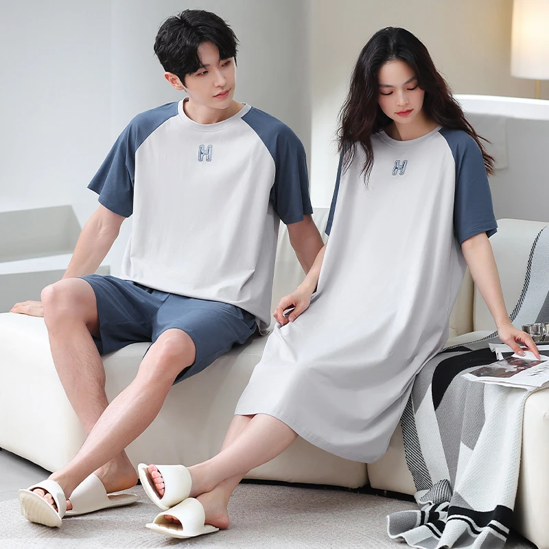 夏季情侣家居服套装纯棉简约拼接撞色睡衣