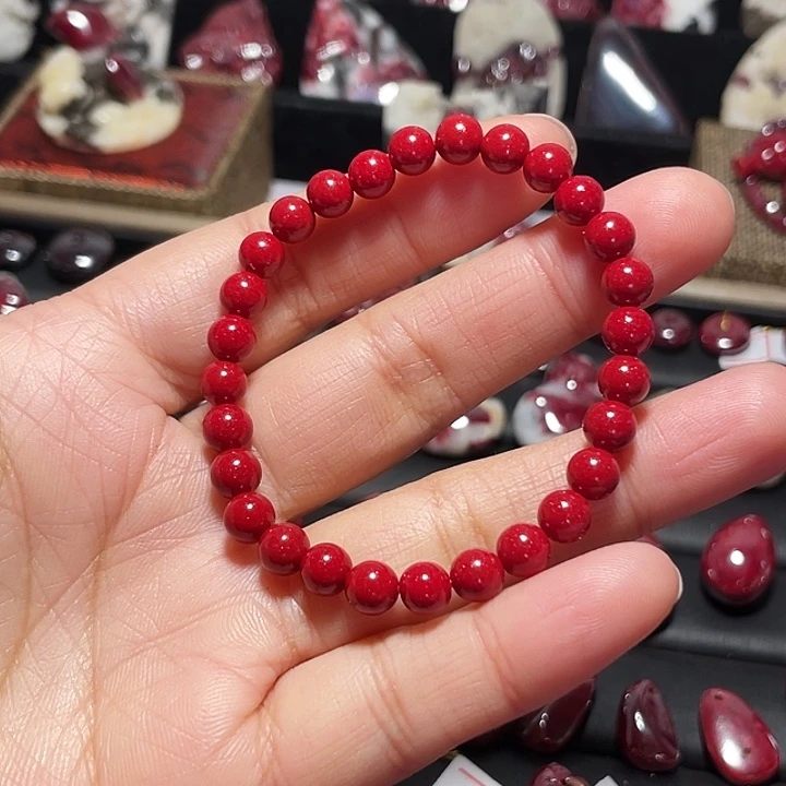 天然辰砂晶粉砂手链6mm