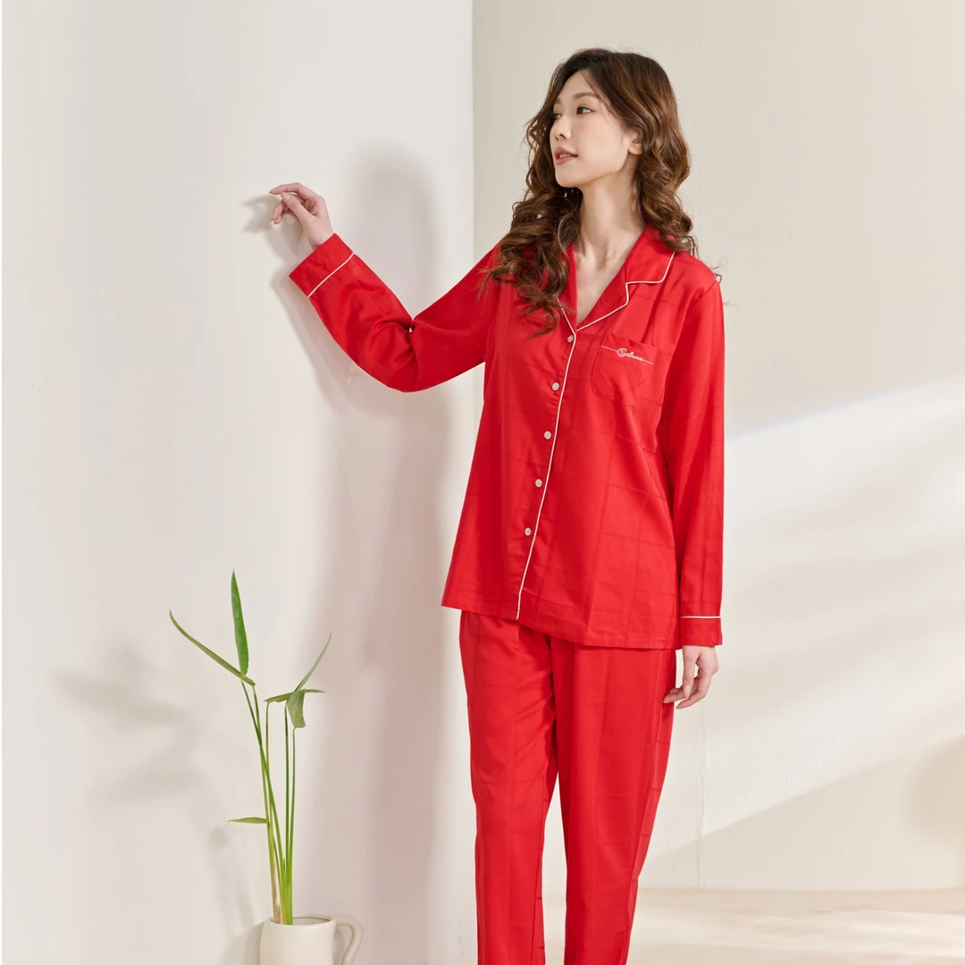 姬玛春秋长袖女睡衣红色薄款女士透气家居服套装221177
