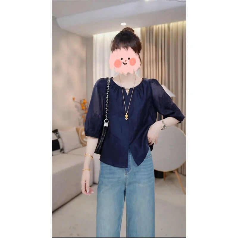 法式刺绣圆领短袖衬衫女2025夏季新款宽松别致透气小个子遮肉上衣