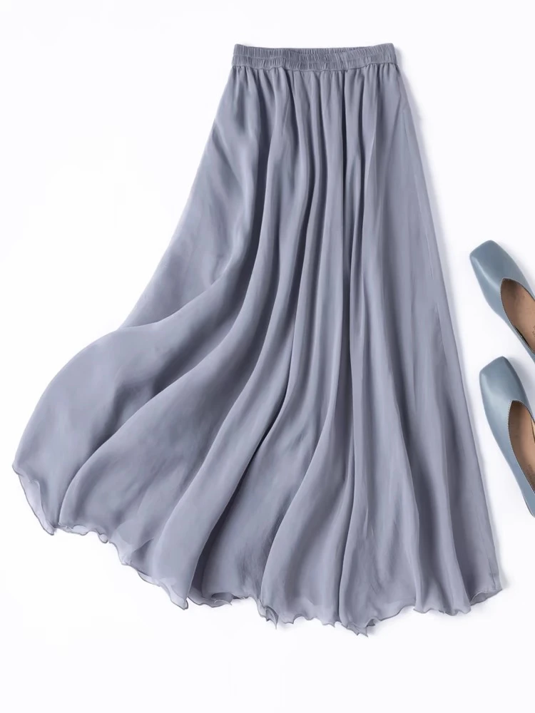 100桑蚕丝斜裁大摆不拼接飘逸优雅桑蚕丝松紧腰夏季半身长裙