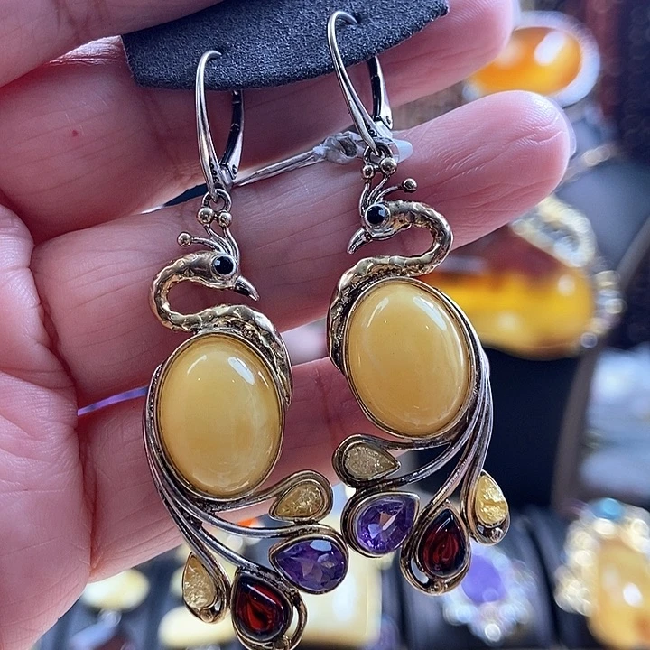 琥珀银S925镶嵌耳饰耳环