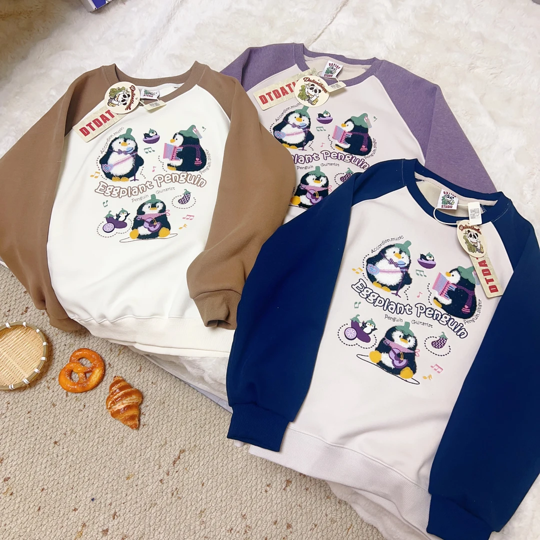 3305#DT企鹅圆领卫衣加绒插肩袖冬款韩版宽松女装卫衣  加绒