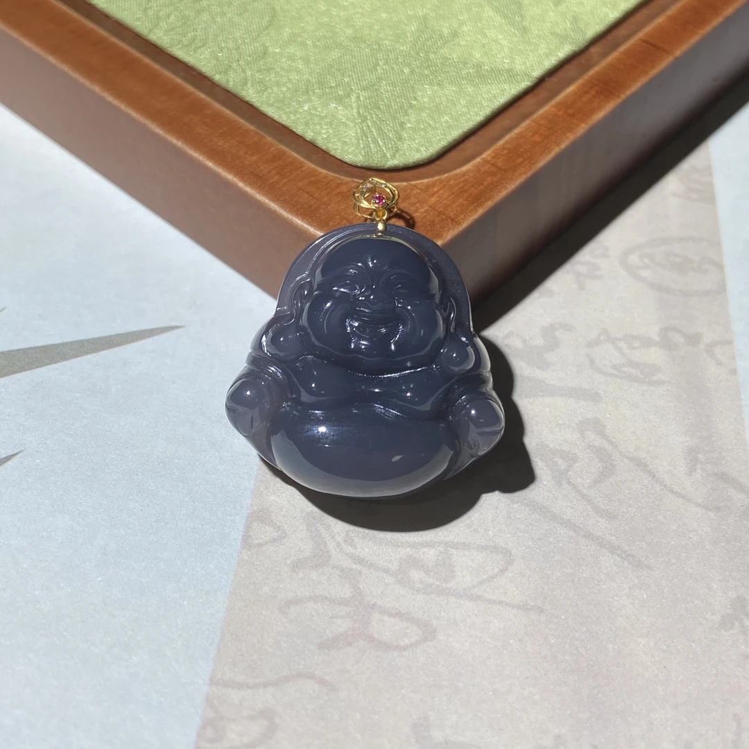 JDZ184 18k和田玉DW紫高色介佛公吊坠约卡34.5*29.6*11.2mm