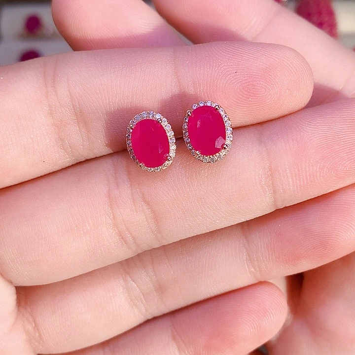 红宝石耳饰银S925镶嵌