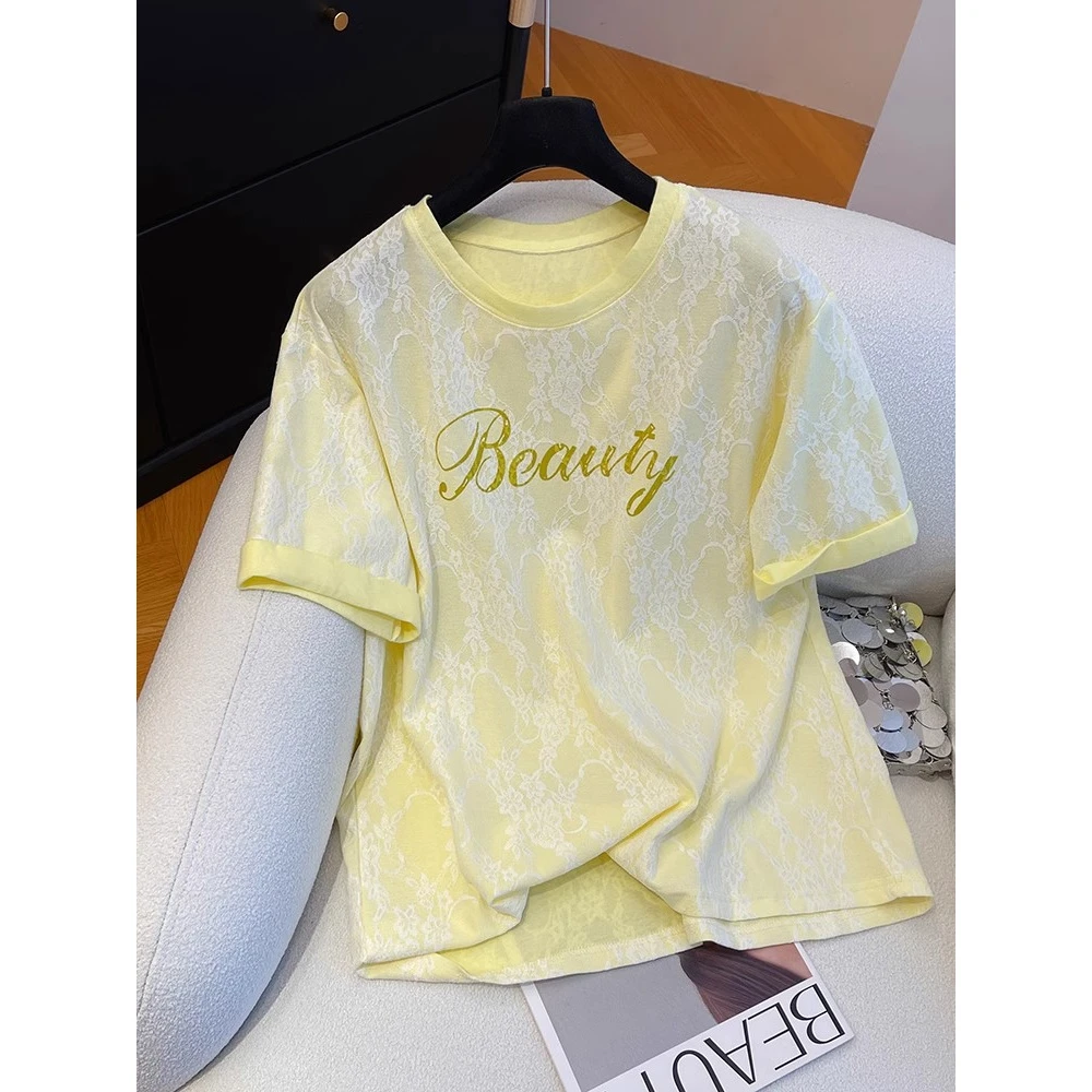 【胖妹妹】大码240斤高级感字母蕾丝短袖t恤女夏宽松洋气打底衫上衣