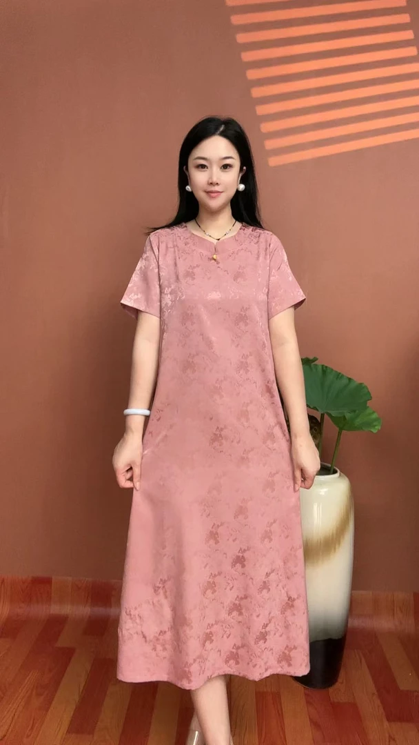 Q(粉黛）夏季简约提花时尚显瘦气质女装宽松中长款连衣裙