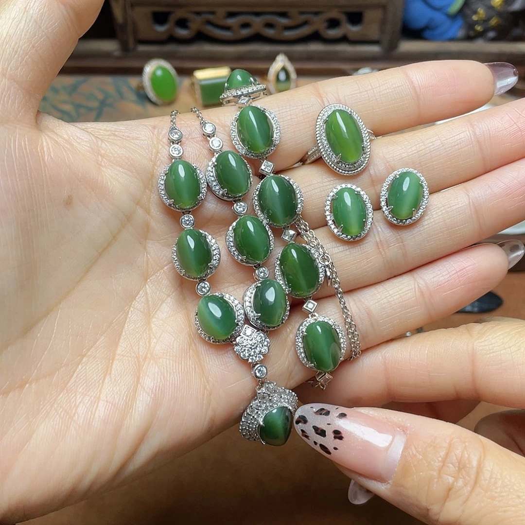 和田玉（碧玉）银S925镶嵌吊坠(不含链)套装