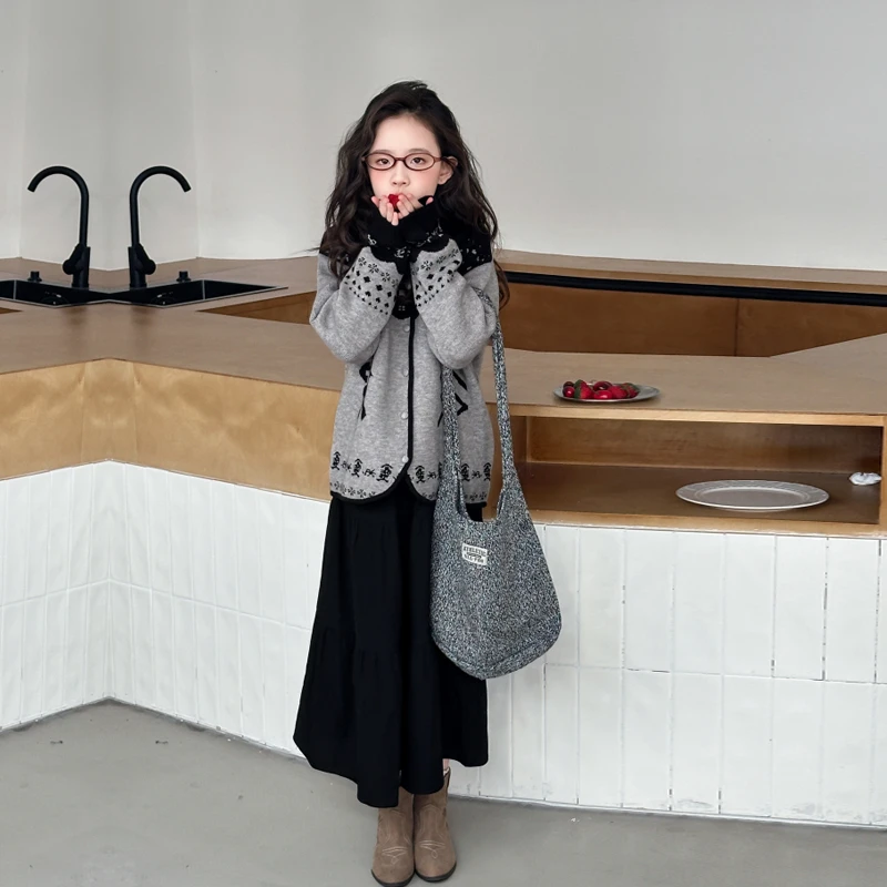 女童灰色提花毛衣开衫外套儿童小香风气质针织洋气时尚百搭复古