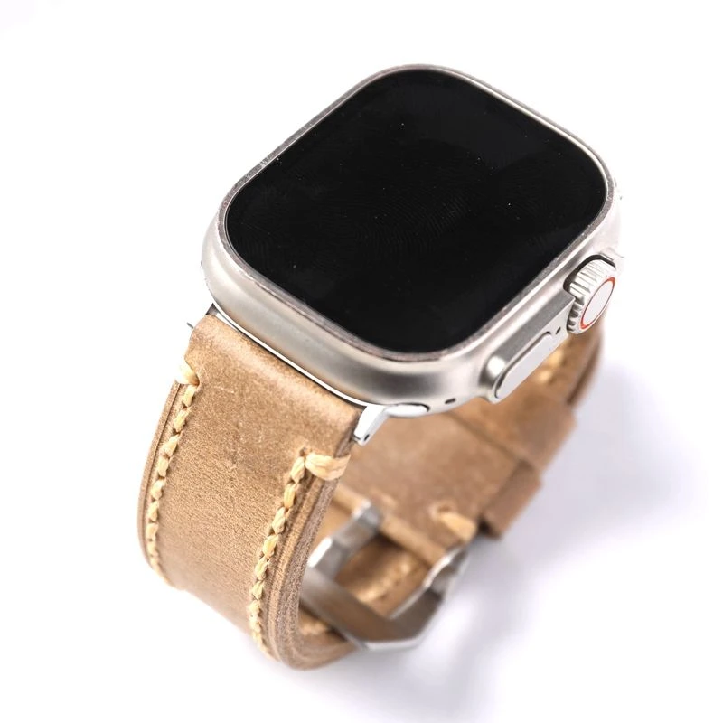 适用于手工头层牛皮适配wiatch钛合金苹果ultra49真皮蝴蝶扣手表
