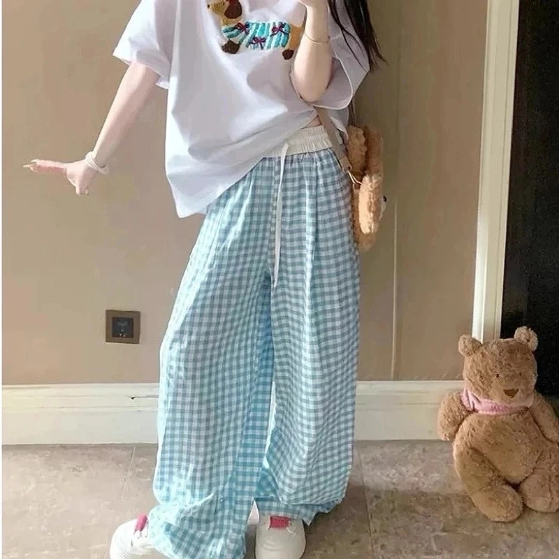 【运费险】粉白撞色格子裤女25显瘦宽松抽绳休闲ins高腰垂感拖地裤