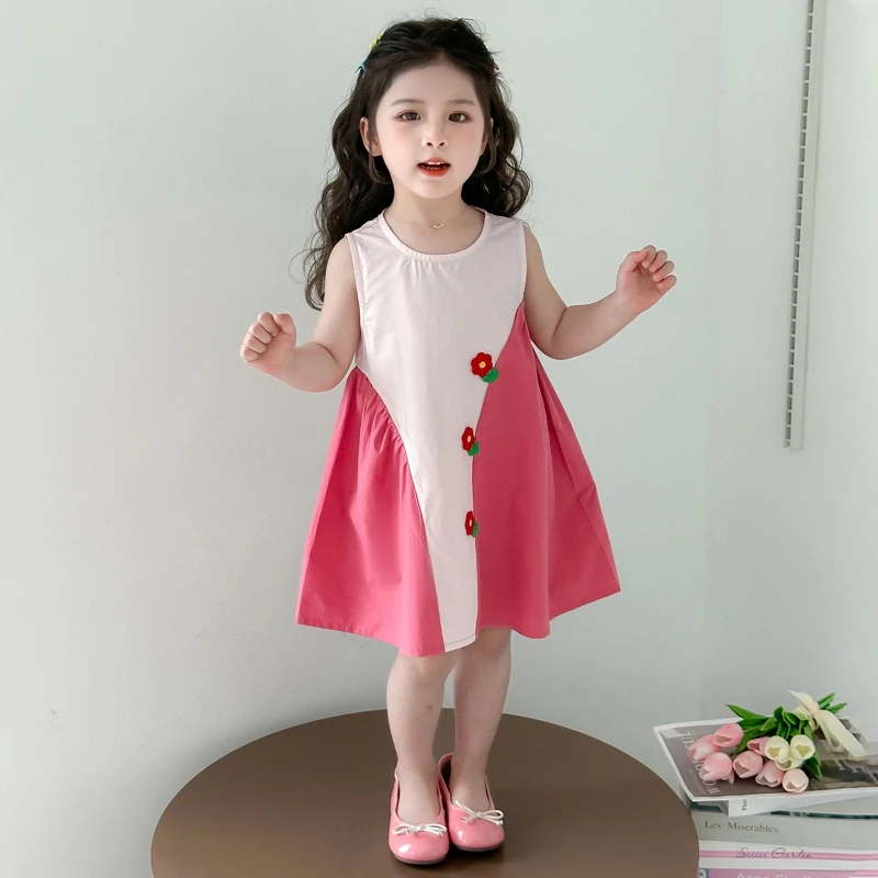 女童连衣裙夏装2025新款洋气儿童公主裙女宝宝夏季花朵拼色背心裙