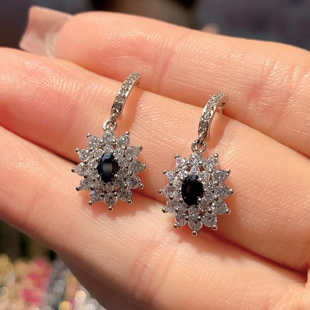 耳饰蓝宝石银S925镶嵌天然蓝宝石