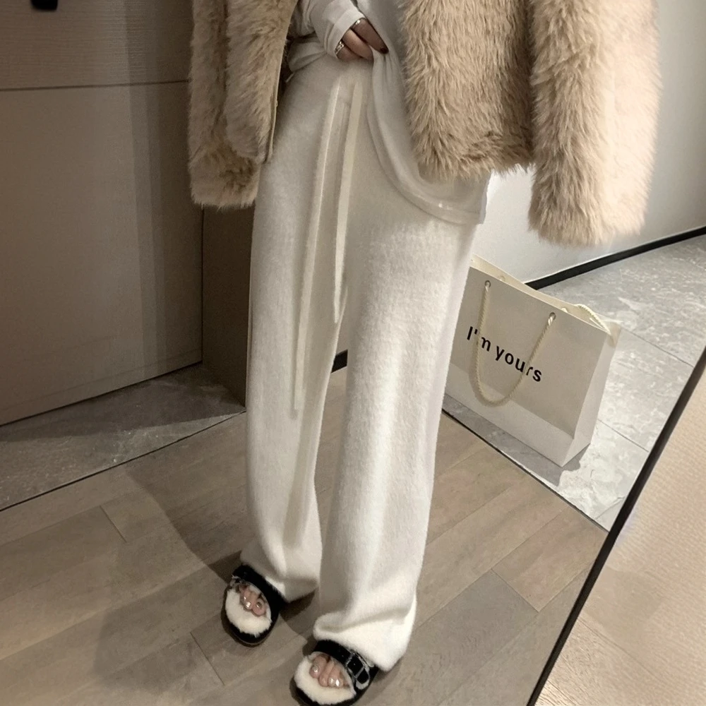 奶fufu软糯水貂绒针织阔腿裤女秋冬加厚慵懒风垂感休闲裤拖地长裤