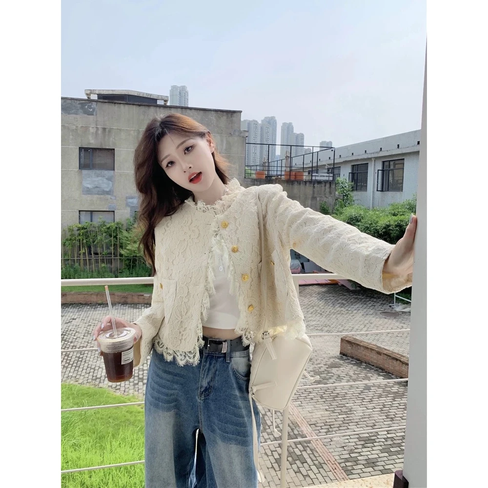 轻奢高级小香风外套重工蕾丝边长袖短款上衣气质女装